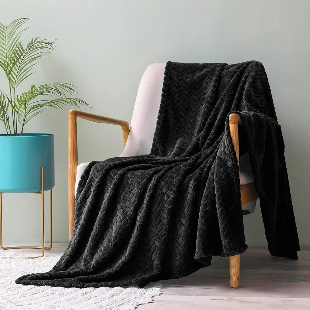 Trendy Black Knit Jacquard Weave Pattern Decorative Warm Flannel Bed Blanket - Picture 2 of 16